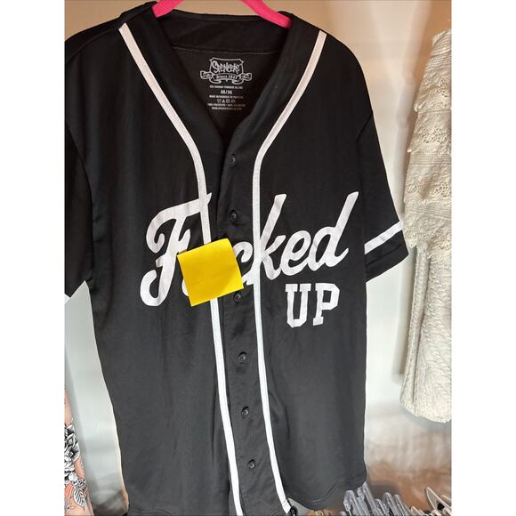 Spencer’s F****ed Up Button Down Shirt Black Baseball Style Men’s Medium See Pic - Picture 1 of 9